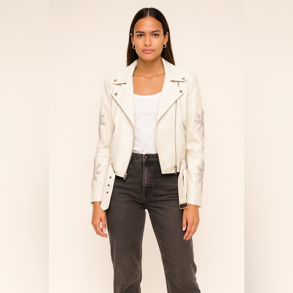 Azalea Wang Women's White Embellished Leather Jacket